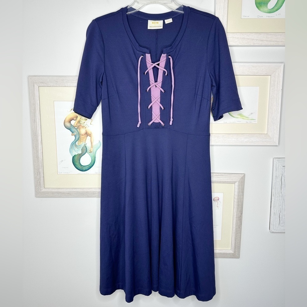 Maeve by Anthropologie Navy & Lilac Lace Front A Line Dress Size Small